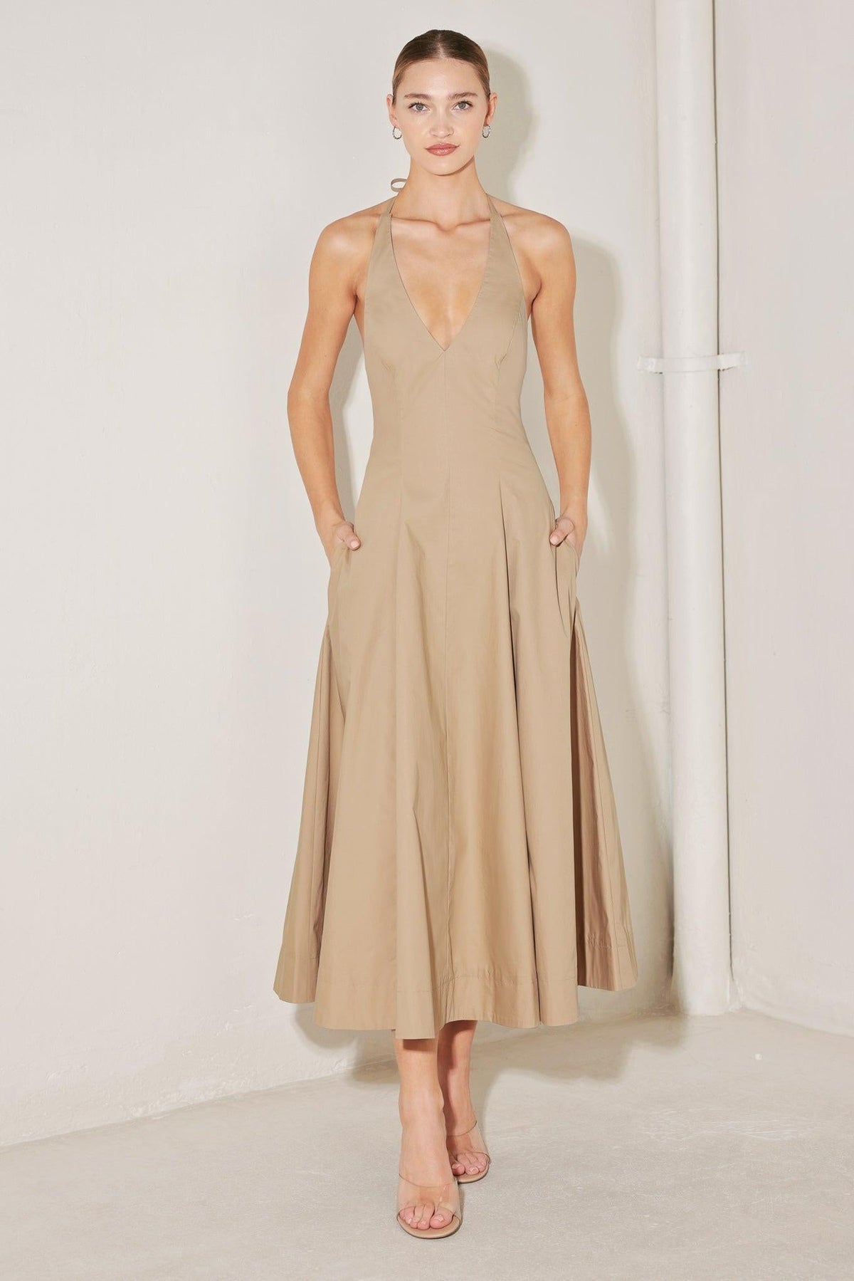 Flying Tomato Resort main character woven midi dress in sand color, featuring a stylish, comfortable design perfect for summer wear.