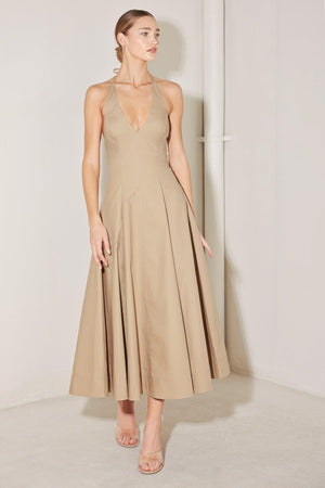 Flying Tomato Resort Main Character woven midi dress in sand color, featuring a flowy design and stylish midi length.