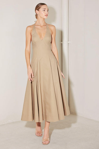 Flying Tomato Resort Main Character woven midi dress in sand color, featuring a flowy design and stylish midi length.