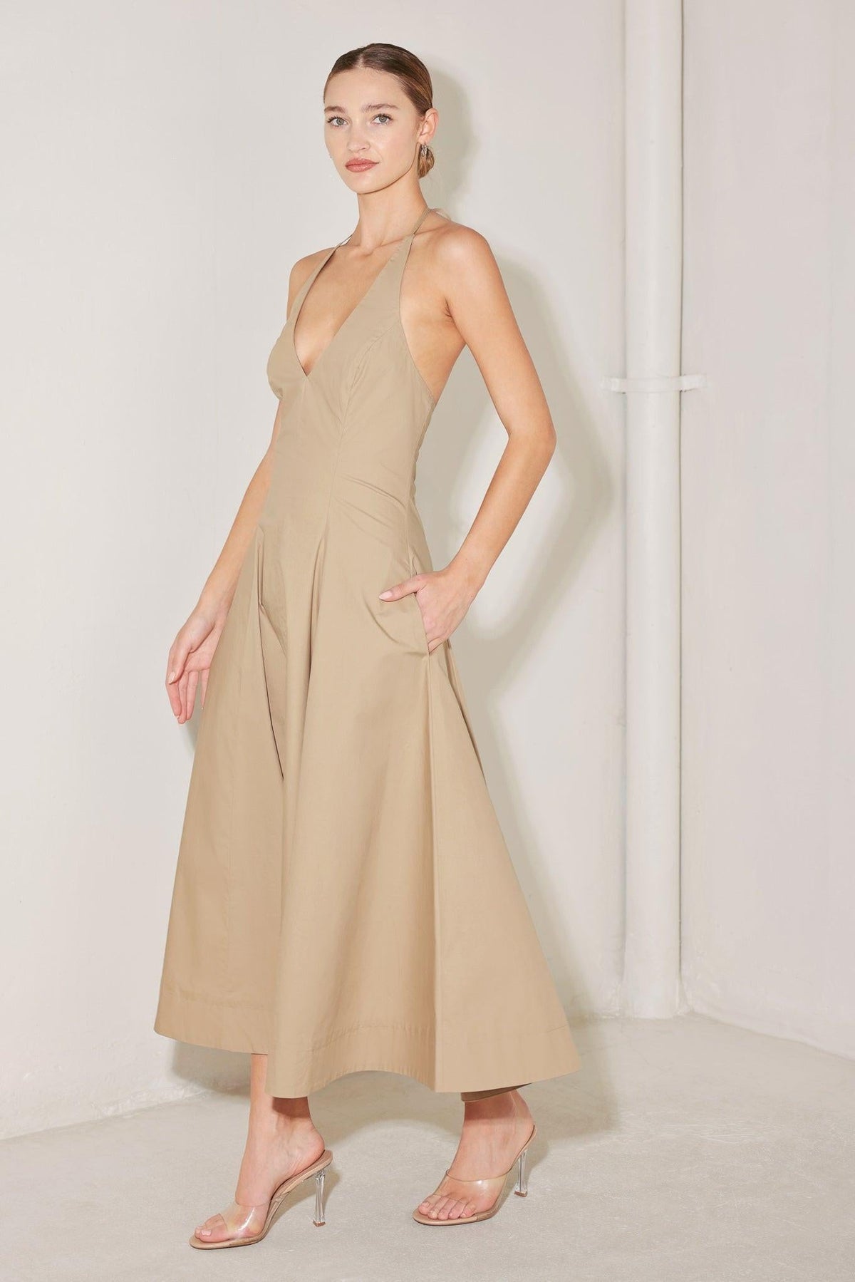Flying Tomato Resort Main Character woven midi dress in sandy color, featuring a flowy, stylish design with adjustable straps.