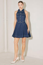 Flying Tomato Cool Girl Comeback denim mini dress in indigo denim, featuring a fitted sleeveless design and button-front detail.
