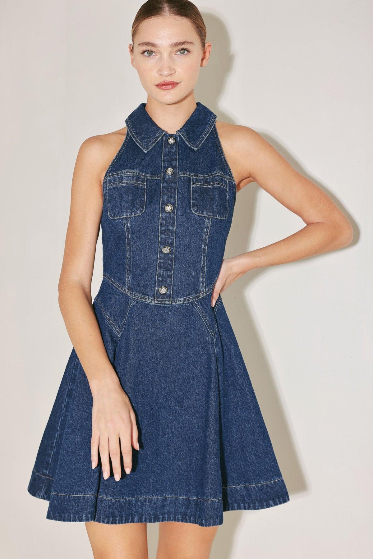 Flying Tomato Cool Girl Comeback Denim Mini Dress in indigo denim, featuring a fitted silhouette and stylish short length.