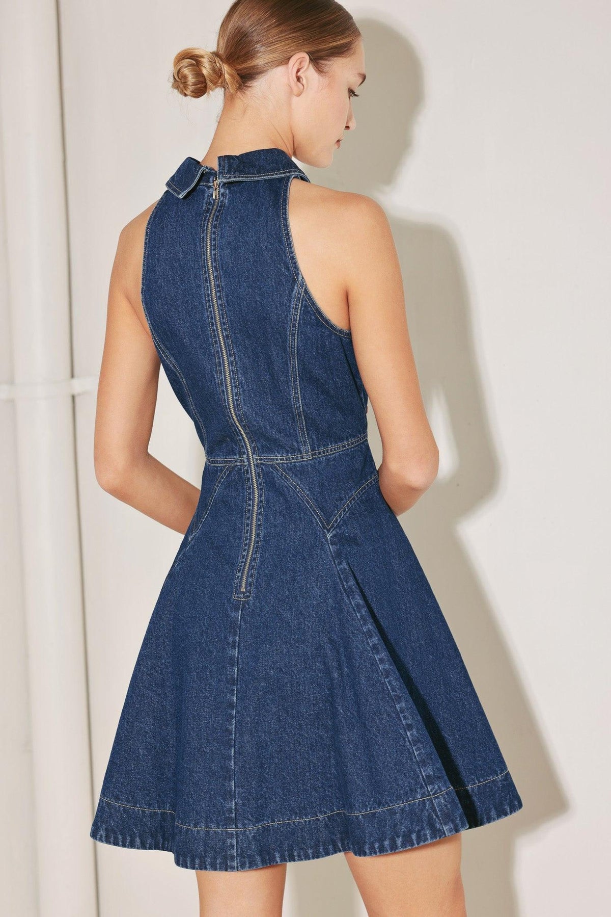 Flying Tomato Cool Girl Comeback denim mini dress in indigo denim, featuring a fitted silhouette and short sleeves.