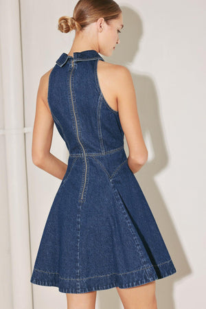 Flying Tomato Cool Girl Comeback denim mini dress in indigo denim, featuring a fitted silhouette and short sleeves.