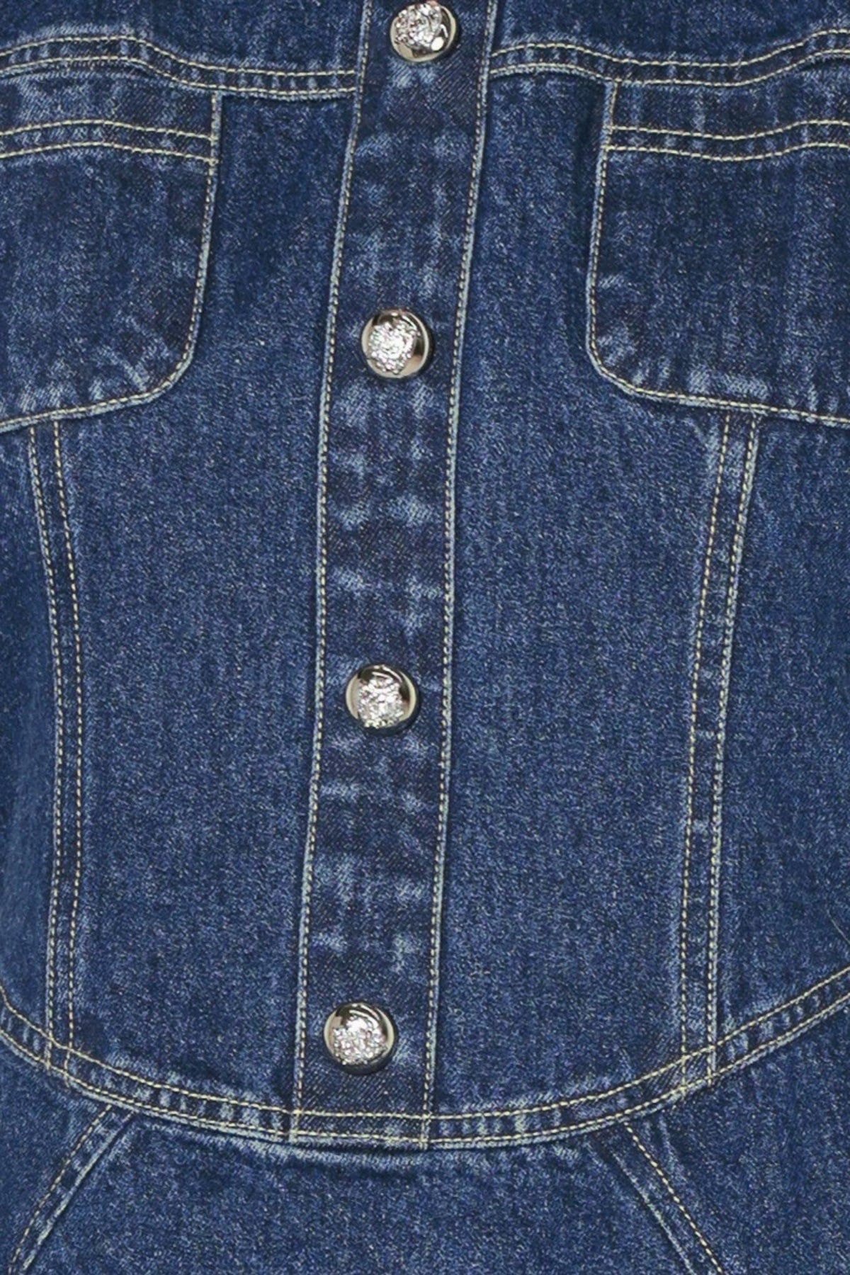 Flying Tomato COOL GIRL COMEBACK denim mini dress in indigo denim showing a fitted sleeveless design with a round neckline.