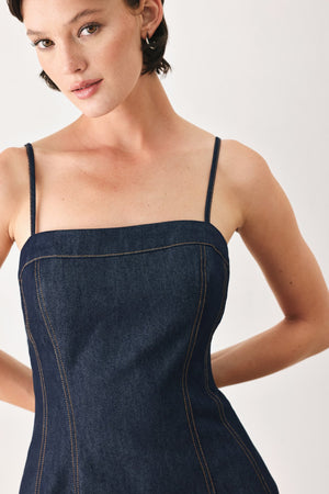 Flying Tomato coastal denim woven midi dress in dark denim, featuring a relaxed fit and stylish design, perfect for casual wear.