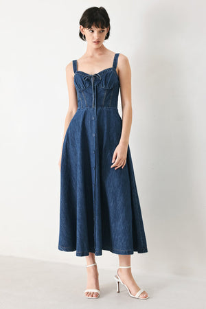 Flying Tomato blue crush denim midi dress, casual sleeveless dress with a fitted waist and knee-length hem, medium indigo color.