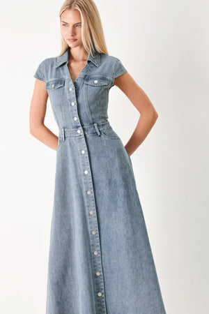 Light denim Flying Tomato Classic Flow Midi Dress with a fitted bodice and flowing skirt, displayed on a hanger.