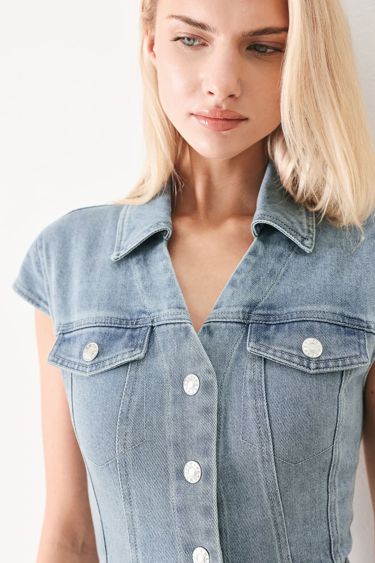 Flying Tomato Classic Flow Denim Midi Dress in light denim fabric, featuring a relaxed fit and midi length, perfect for casual wear.