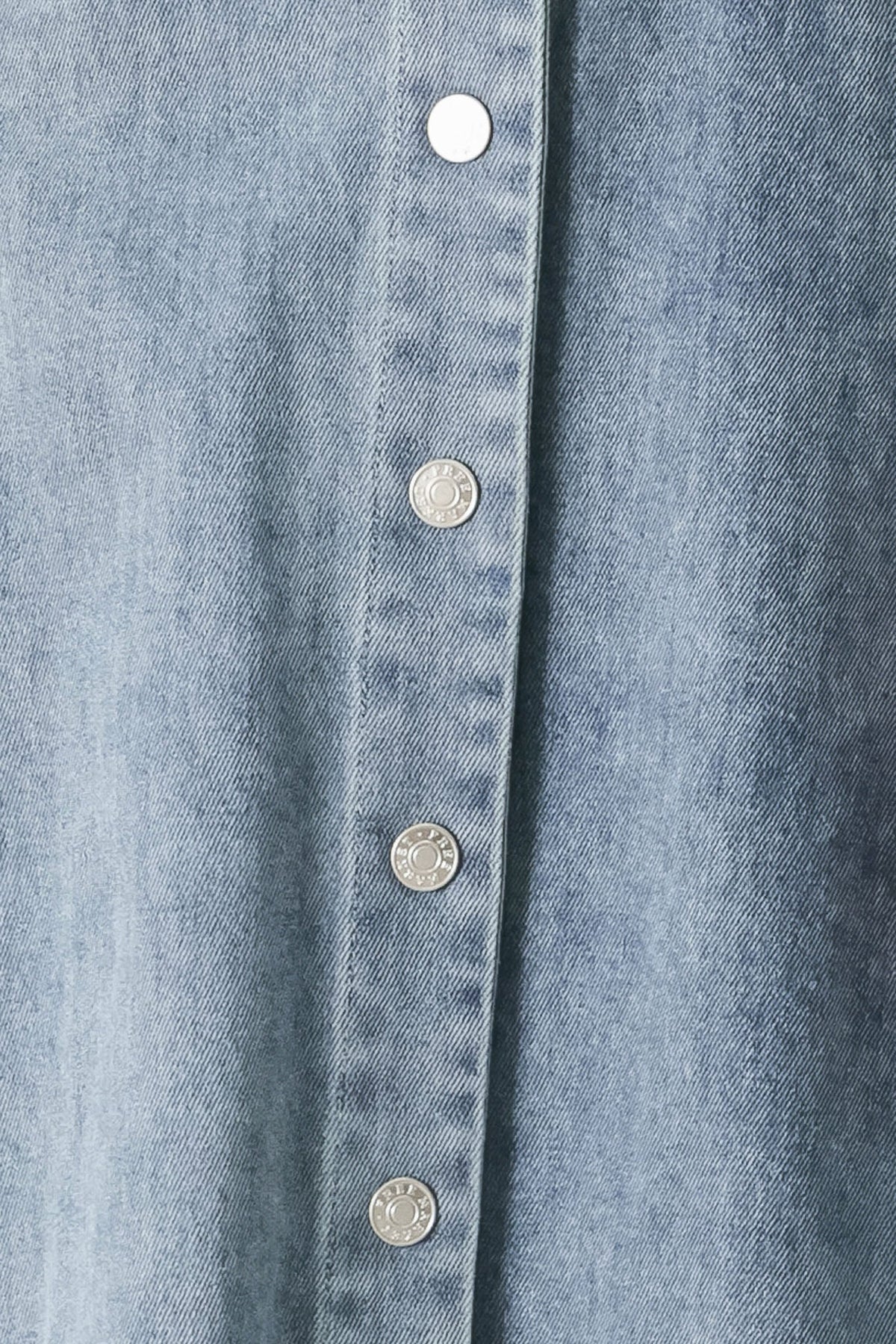 Light denim Flying Tomato Classic Flow Denim Midi Dress with a relaxed fit and button-front design, displayed on a hanger.