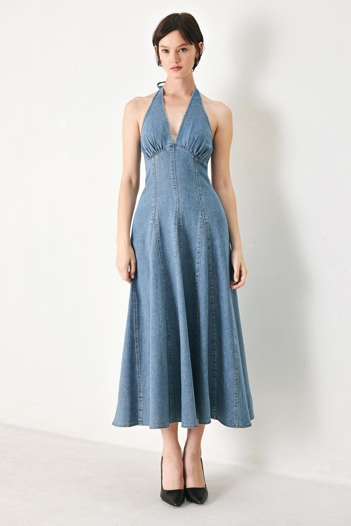 Flying Tomato blue blossom denim midi dress featuring a fitted waist and sleeveless design, displayed on a hanger.