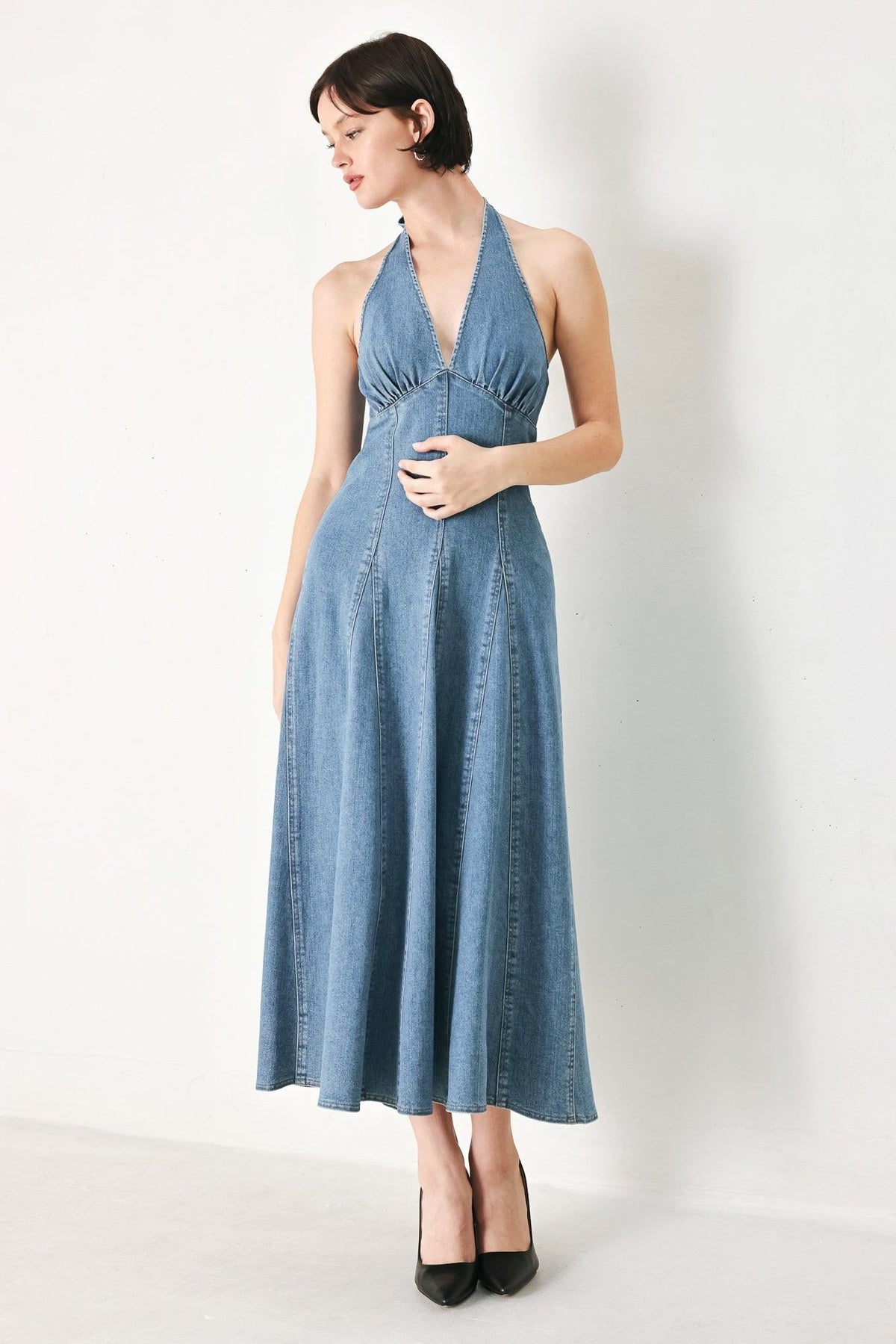 Flying Tomato Blue Blossom Denim Midi Dress, showing a medium wash denim fabric with a fitted waist and sleeveless design.