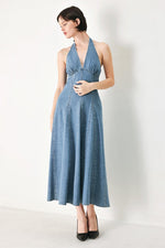 Flying Tomato Blue Blossom Denim Midi Dress, showing a medium wash denim fabric with a fitted waist and sleeveless design.