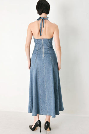 Flying Tomato Blue Blossom Denim Midi Dress, knee-length with floral print, sleeveless design, and fitted waist.