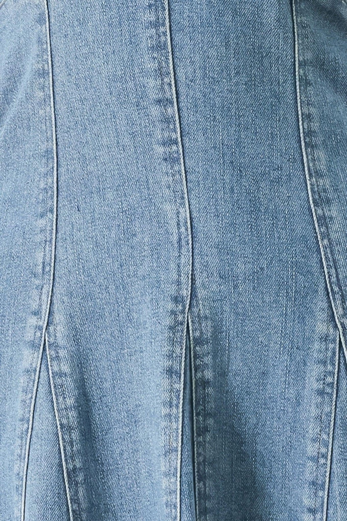 Flying Tomato blue Blossom Denim Midi Dress displayed on a hanger, showcasing its medium denim fabric and classic midi length.