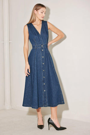 Flying Tomato Paris in Denim Midi Dress in indigo, showcasing the casual denim fabric and midi length with a fitted silhouette.