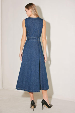 Flying Tomato Paris in Denim Midi Dress in indigo, featuring a stylish denim midi dress with a fitted waist and casual design.