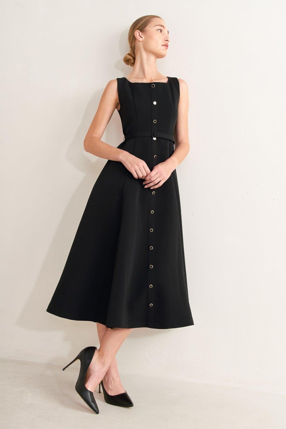 Black Paris After Dark woven midi dress by Flying Tomato featuring a stylish, flowing design and intricate woven details.