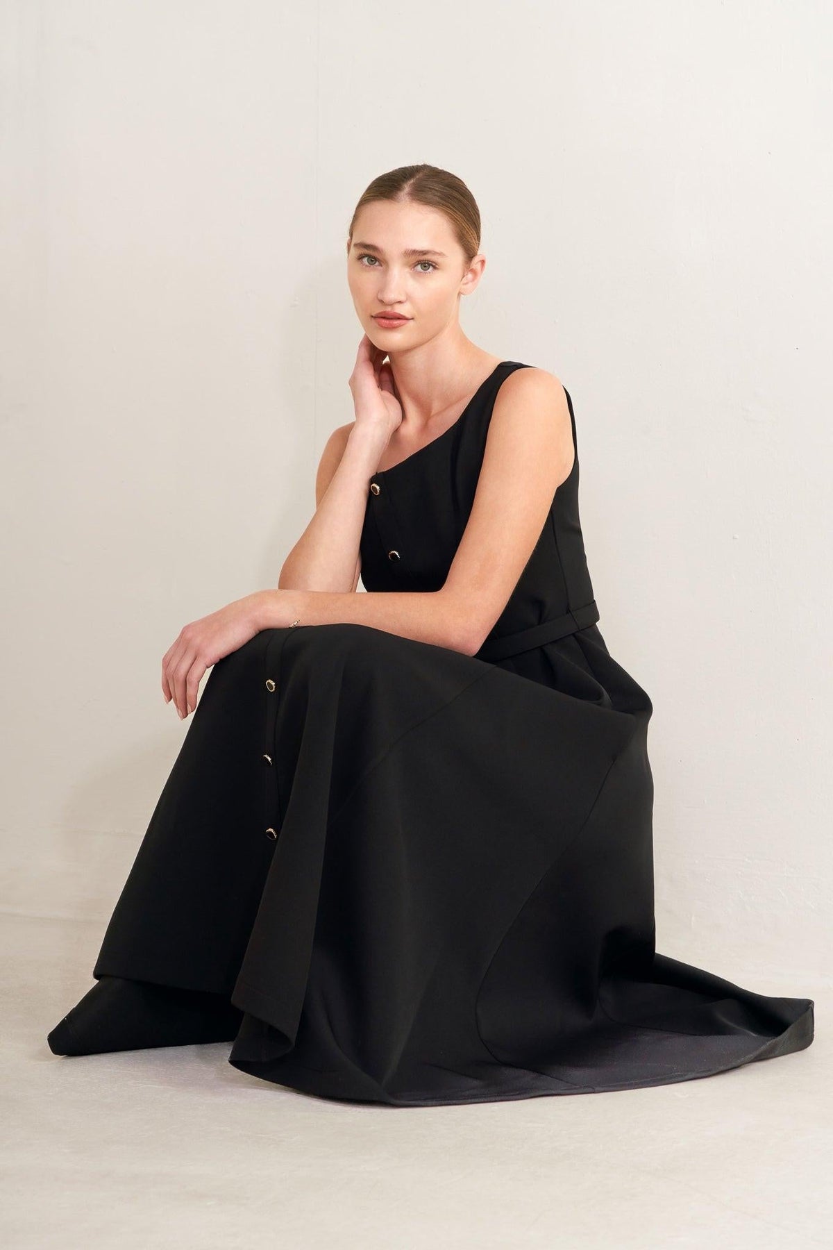 Black Paris After Dark woven midi dress by Flying Tomato, featuring a stylish, flowy design with intricate woven details.