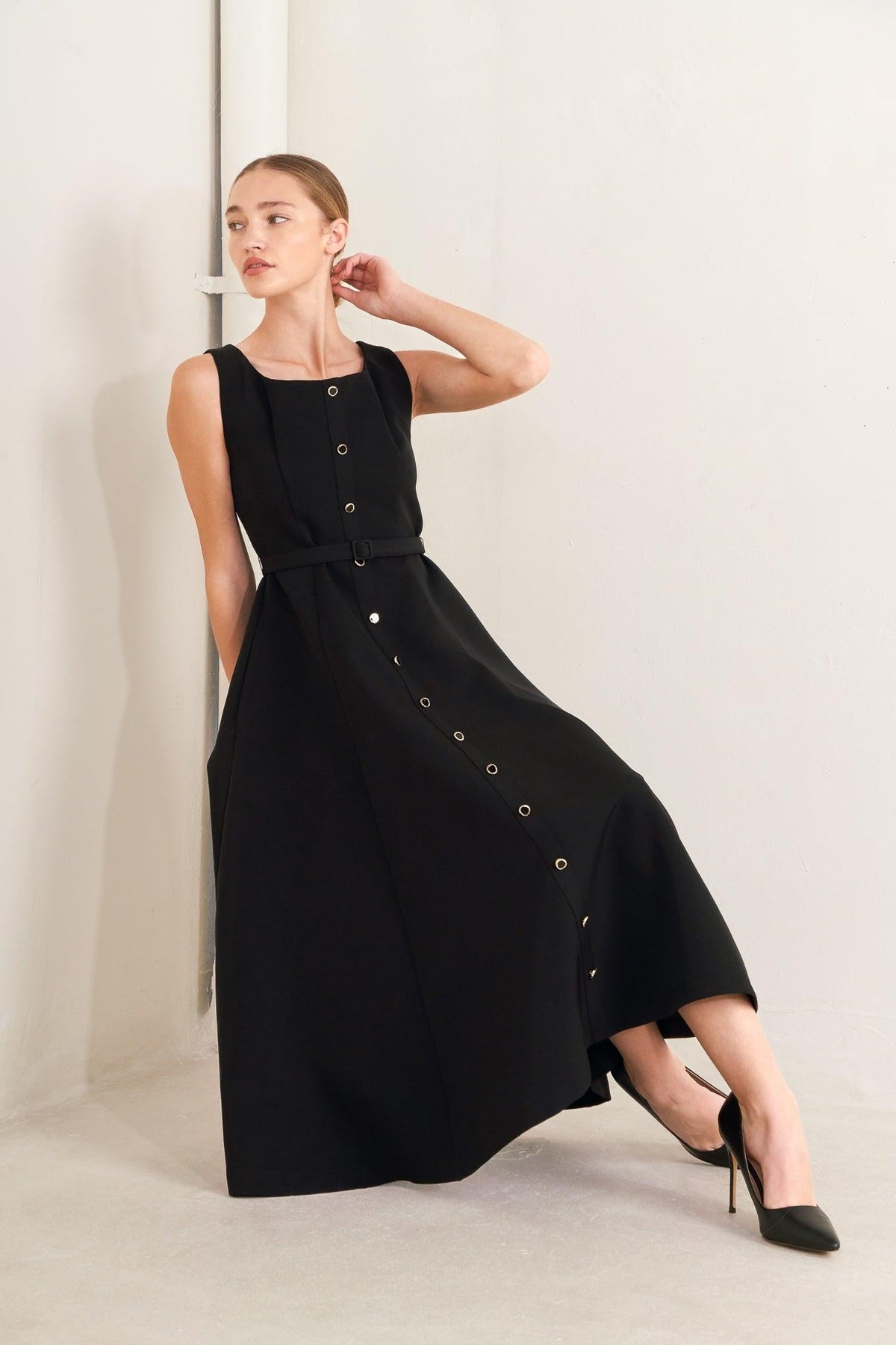 Black Paris After Dark woven midi dress by Flying Tomato, featuring a stylish, flowing design and intricate woven fabric.