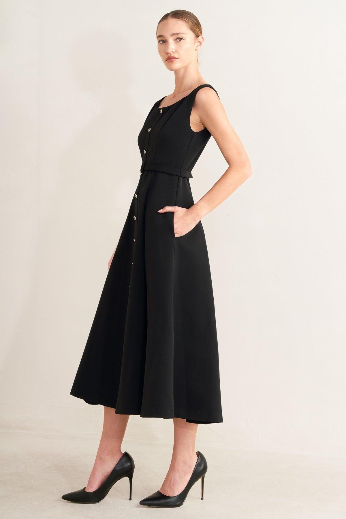 Black Paris After Dark woven midi dress by Flying Tomato, featuring a stylish, flowing design perfect for evening wear.