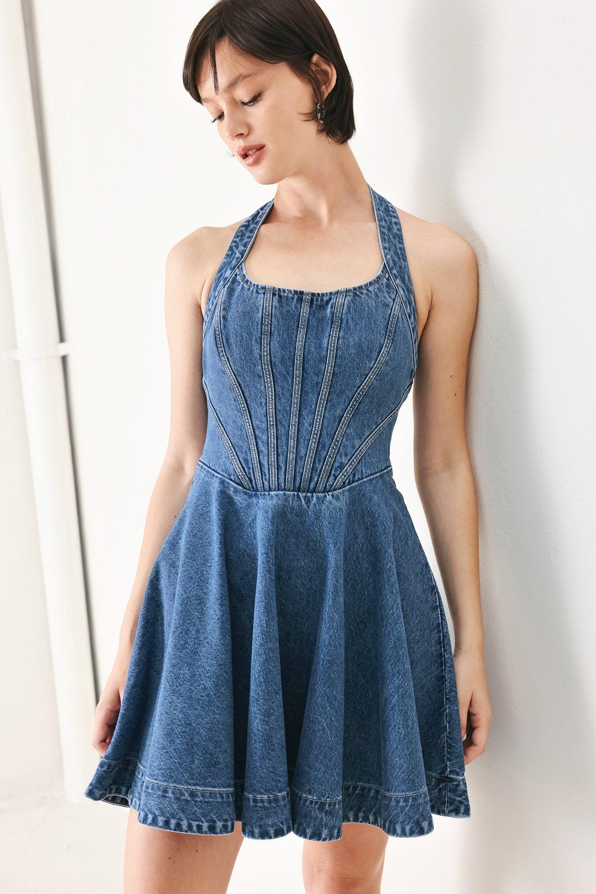 Vintage shape denim mini dress by Flying Tomato, indigo color, featuring a fitted bodice and short length for a casual chic look.