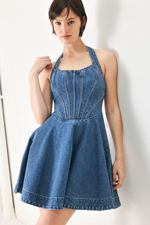 Flying Tomato vintage shape denim mini dress in indigo, featuring a fitted silhouette and classic denim styling.
