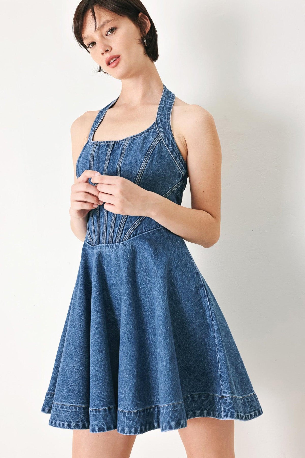 Flying Tomato vintage shape denim mini dress in indigo, showcasing a fitted waist, short sleeves, and classic denim texture.
