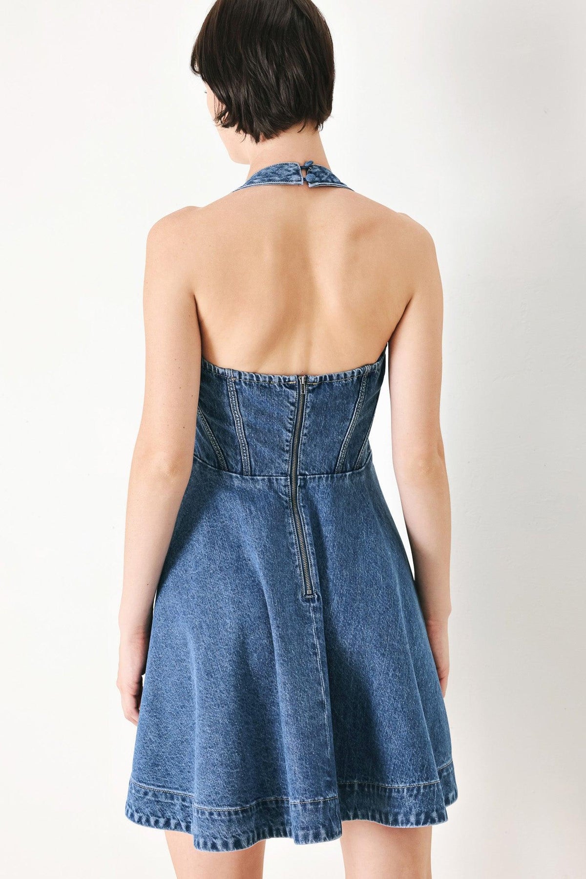 Flying Tomato vintage shape denim mini dress in indigo, featuring a classic fit and stylish design, perfect for casual wear.