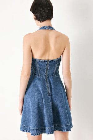 Flying Tomato vintage shape denim mini dress in indigo, featuring a classic fit and stylish design, perfect for casual wear.