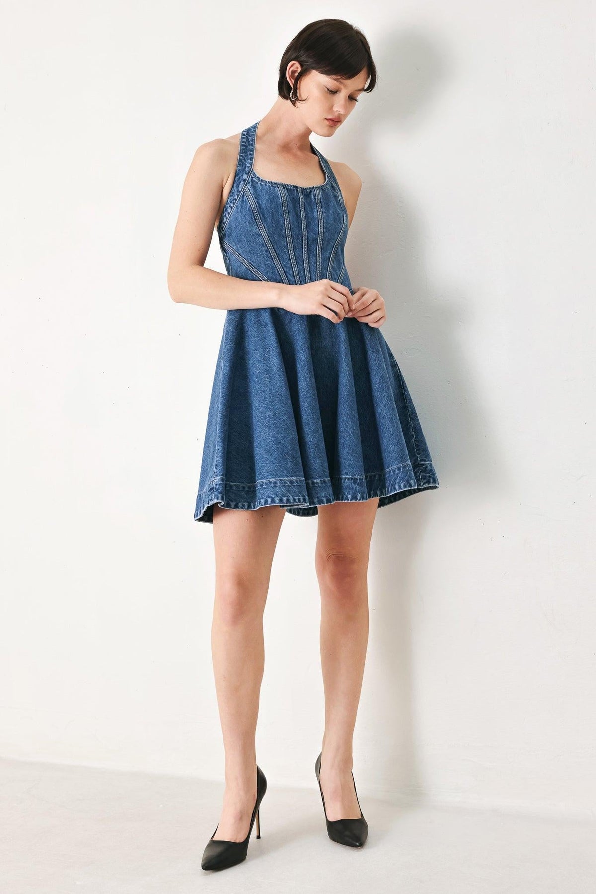 Flying Tomato vintage shape denim mini dress in indigo with a fitted waist and classic short sleeves, perfect for casual wear.