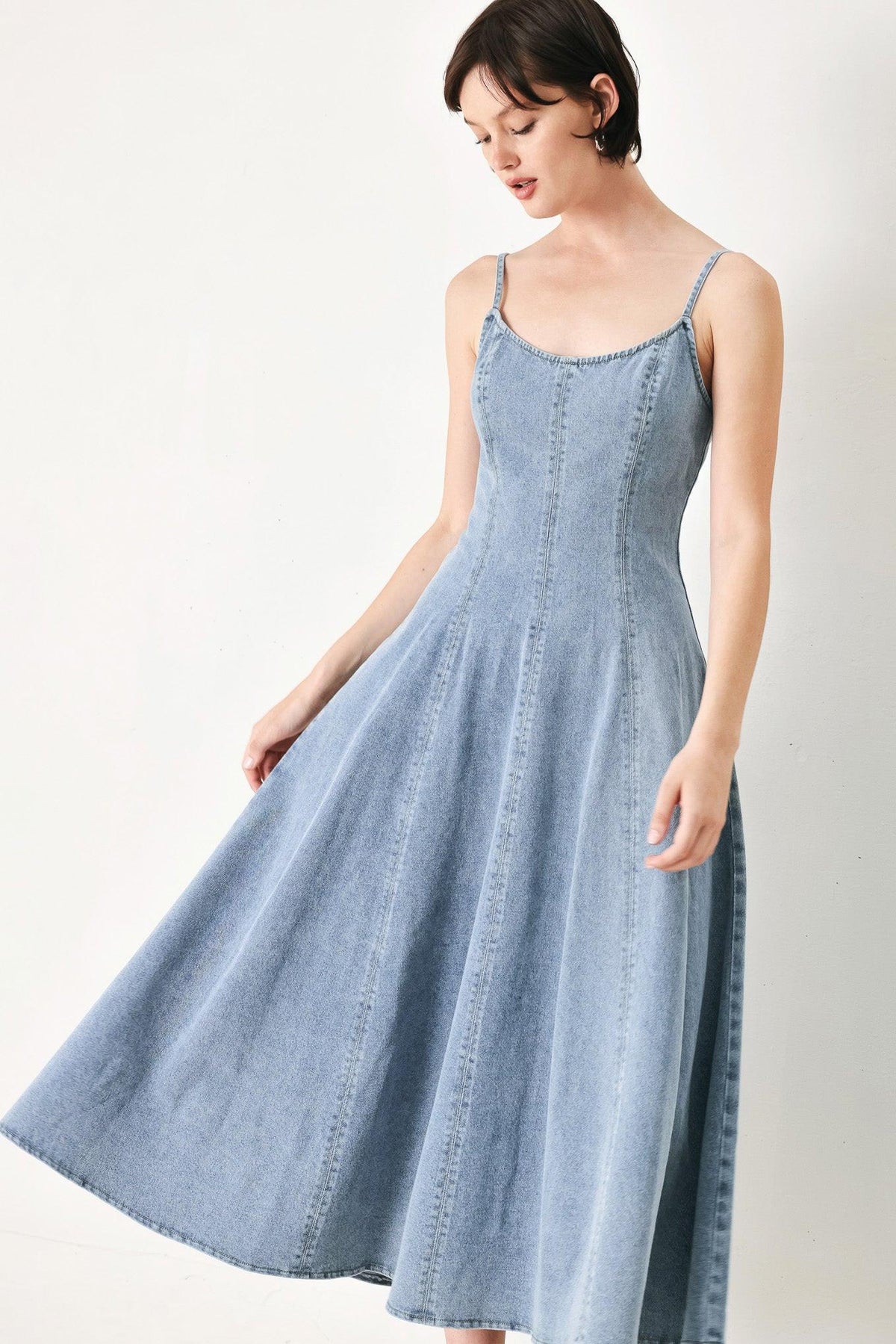 Flying Tomato Cloud Ninette denim midi dress in light denim, shown on a hanger with a casual fit and classic style.