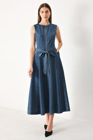 Flying Tomato Indigo Silhouette Denim Midi Dress, sleeveless design with a fitted waist and classic denim texture.