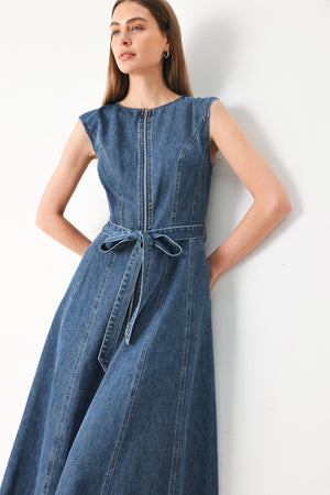 Flying Tomato Indigo Silhouette Denim Midi Dress featuring a fitted bodice and flowing skirt, displayed on a hanger.