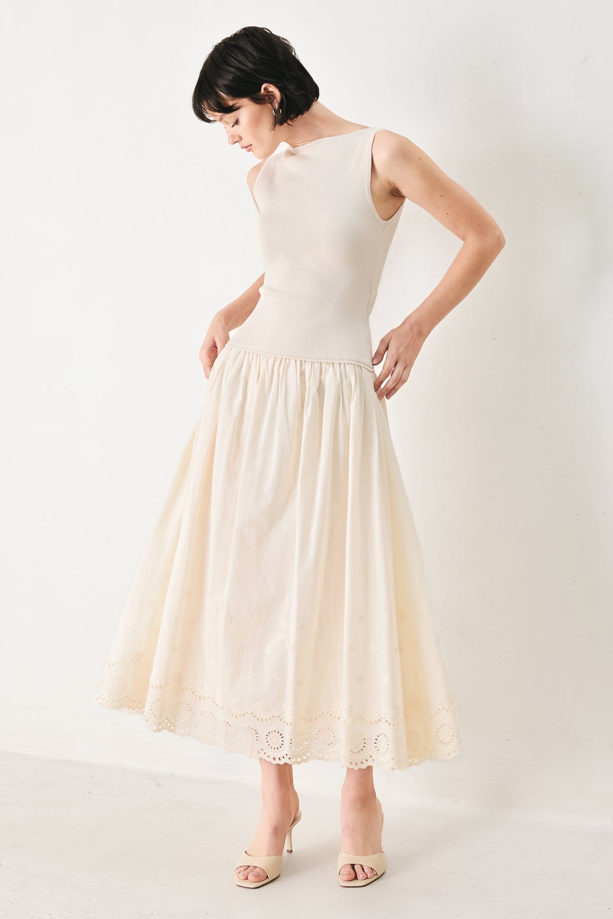 Light taupe Daydream Thread midi dress by Flying Tomato, sleeveless with a flowy, feminine silhouette and subtle fabric texture.