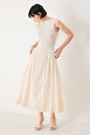 Light taupe Daydream Thread midi dress by Flying Tomato, sleeveless with a flowy, feminine silhouette and subtle fabric texture.