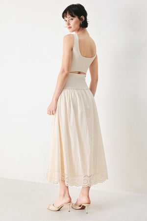 Light taupe Flying Tomato Daydream Thread midi dress with a flowing, relaxed fit and sleeveless design, perfect for casual wear.