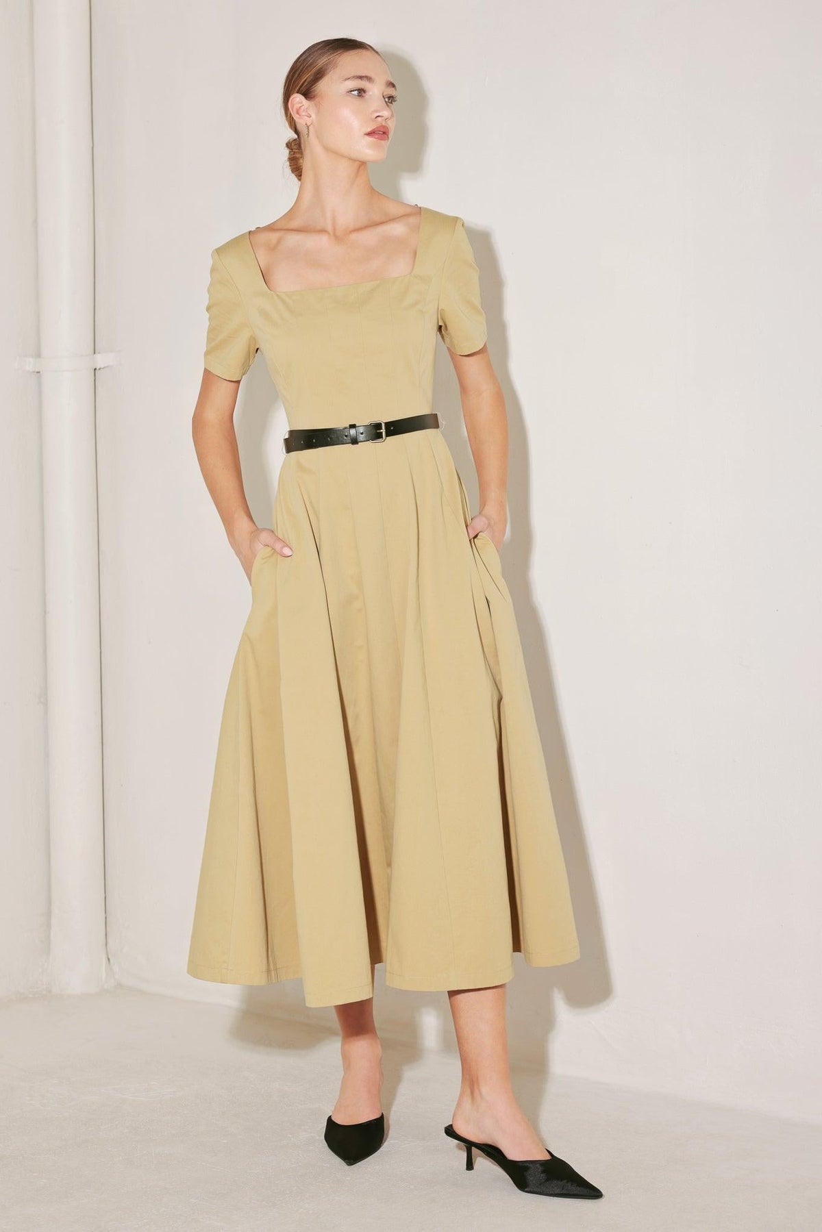 Beige woven midi dress from Flying Tomato's Warm Stone Edit collection, featuring a relaxed fit and stylish design.