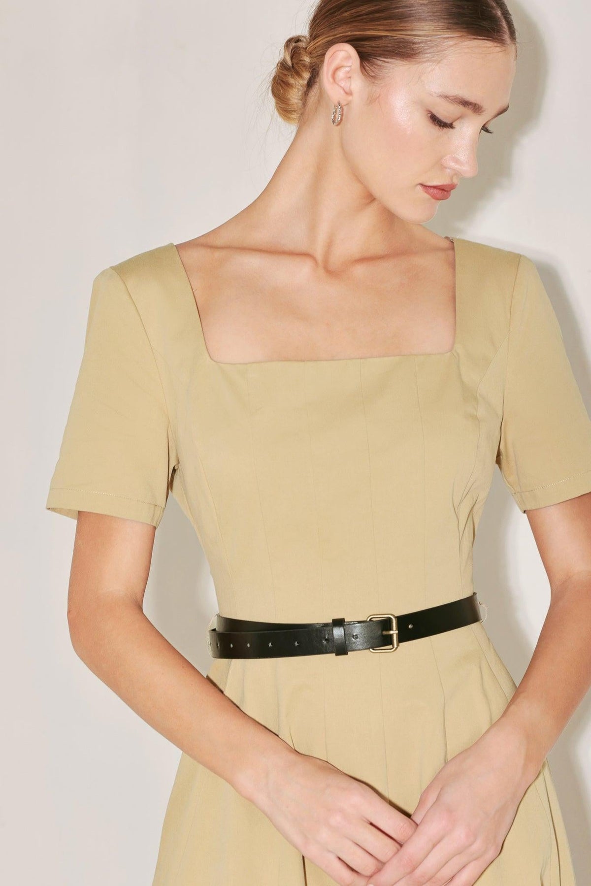 Beige WARM STONE EDIT woven midi dress by Flying Tomato, featuring a flowing silhouette and textured fabric design.
