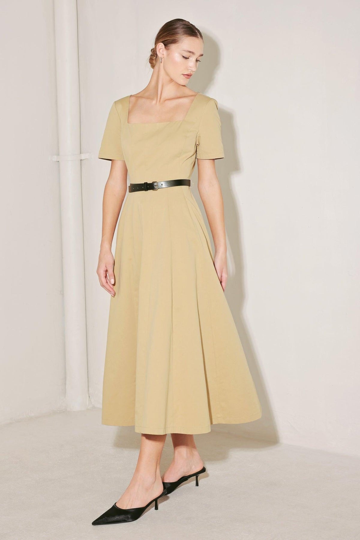 Beige woven midi dress from Flying Tomato's Warm Stone Edit collection, featuring a stylish, flowing design.