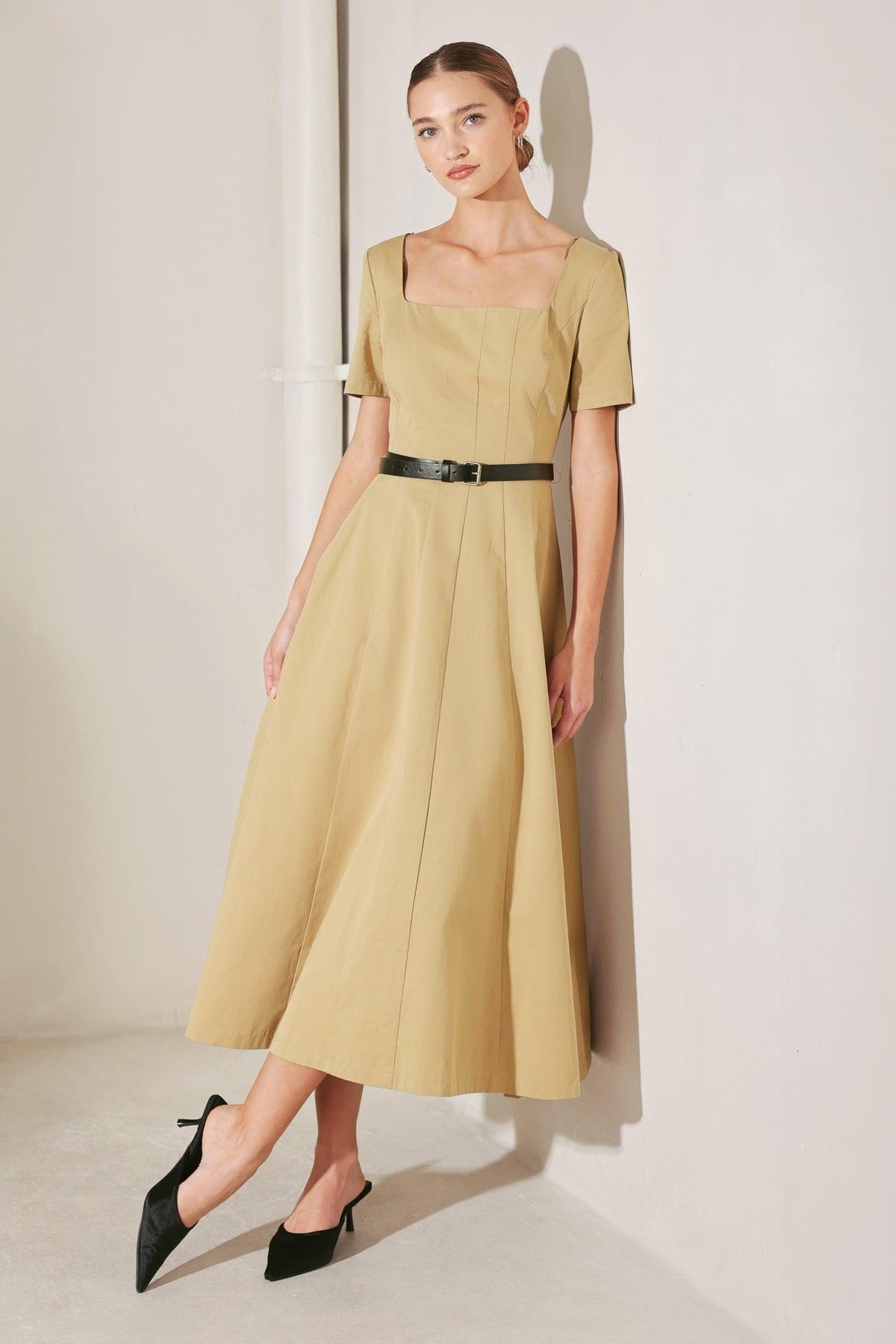 Beige Flying Tomato Warm Stone Edit woven midi dress with a relaxed fit, featuring a stylish, textured design.