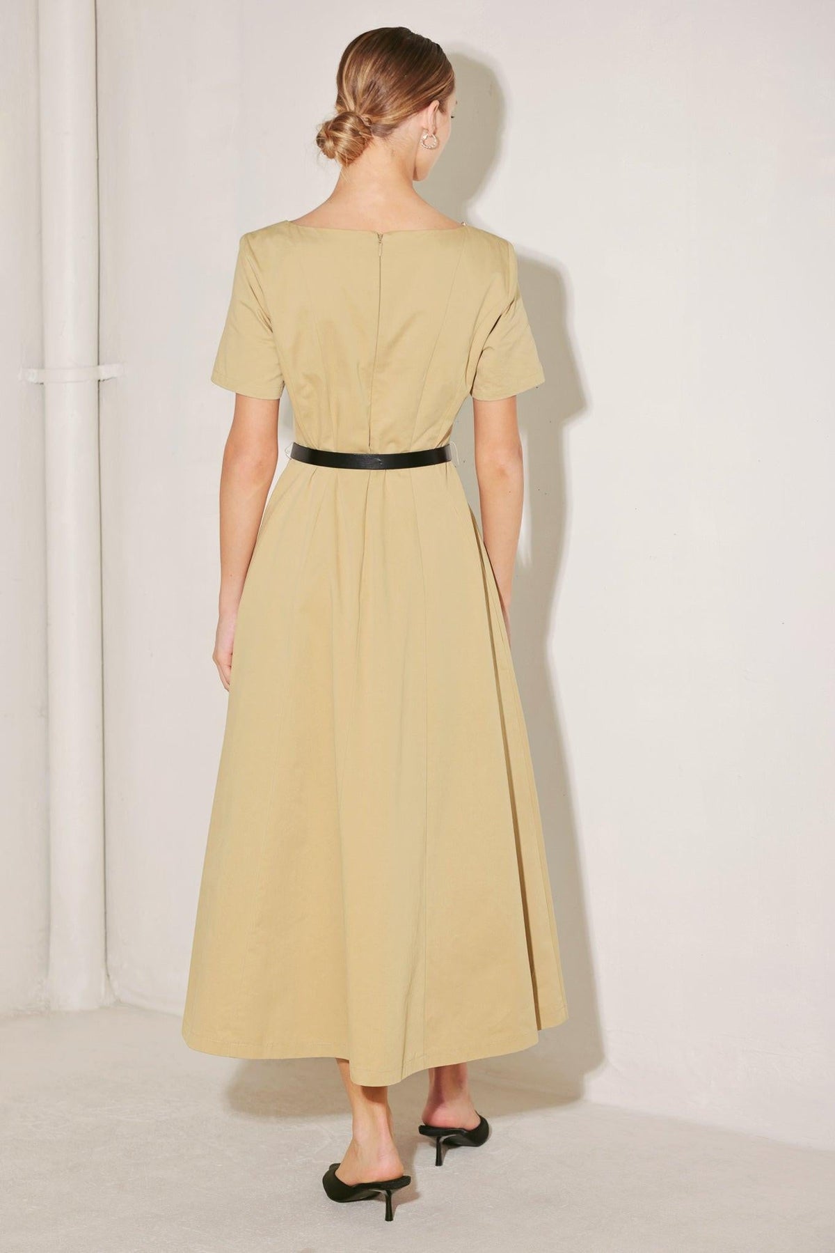 Beige woven midi dress from the Warm Stone Edit collection by Flying Tomato, featuring a stylish, flowing design.