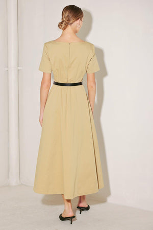 Beige woven midi dress from the Warm Stone Edit collection by Flying Tomato, featuring a stylish, flowing design.