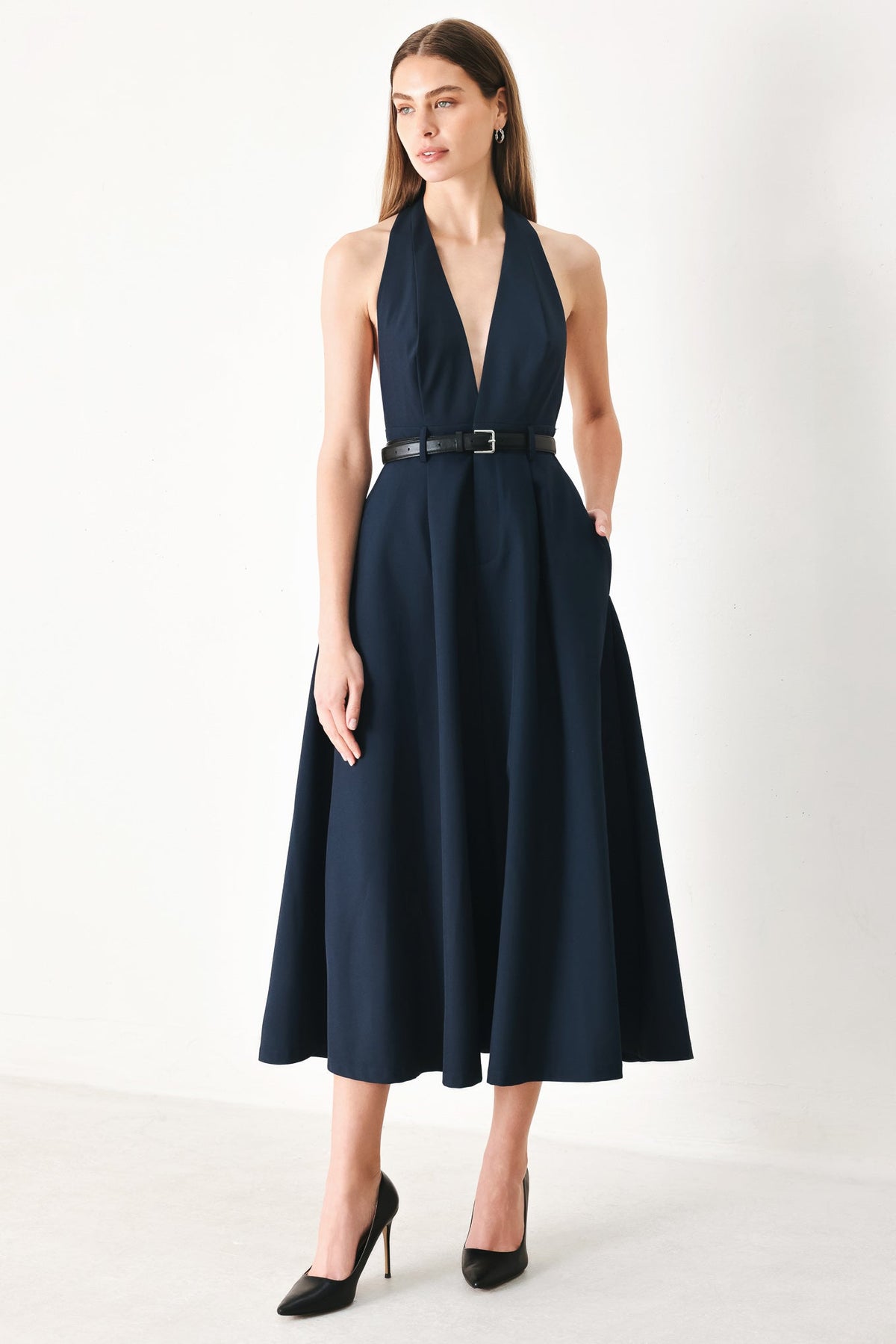 Navy woven midi dress from Flying Tomato with a relaxed fit, featuring a sleeveless design and midi length.