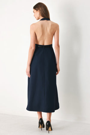 Navy Midnight Form woven midi dress by Flying Tomato, featuring a stylish, flowy design with a fitted waist and sleeveless silhouette.