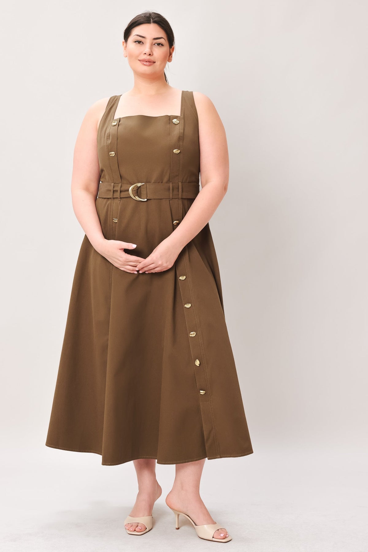 Flying Tomato Sweet Sienna woven midi dress in brown, featuring a stylish, textured fabric and a flattering midi length.