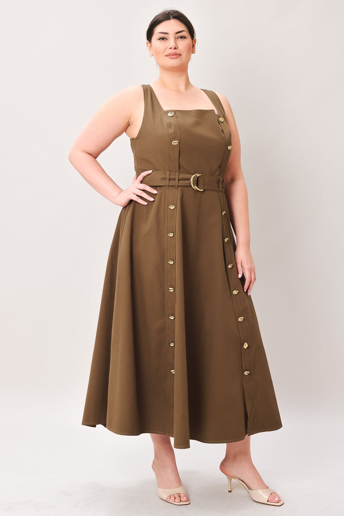 Flying Tomato Sweet Sienna woven midi dress in brown, featuring a stylish, textured fabric and a flattering fit.