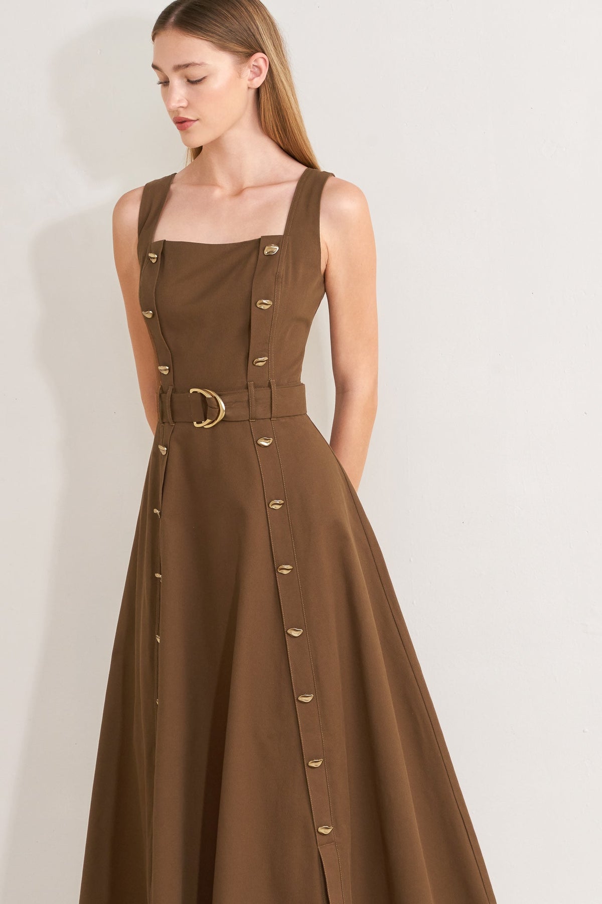Brown Sweet Sienna woven midi dress by Flying Tomato featuring a flowy silhouette and intricate woven fabric.