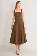 Flying Tomato Sweet Sienna woven midi dress in brown, featuring a stylish, flowy design and elegant midi length.