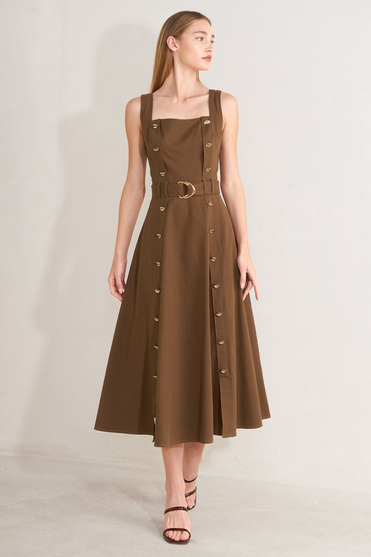 Flying Tomato Sweet Sienna woven midi dress in brown, featuring a stylish, flowy design and elegant midi length.